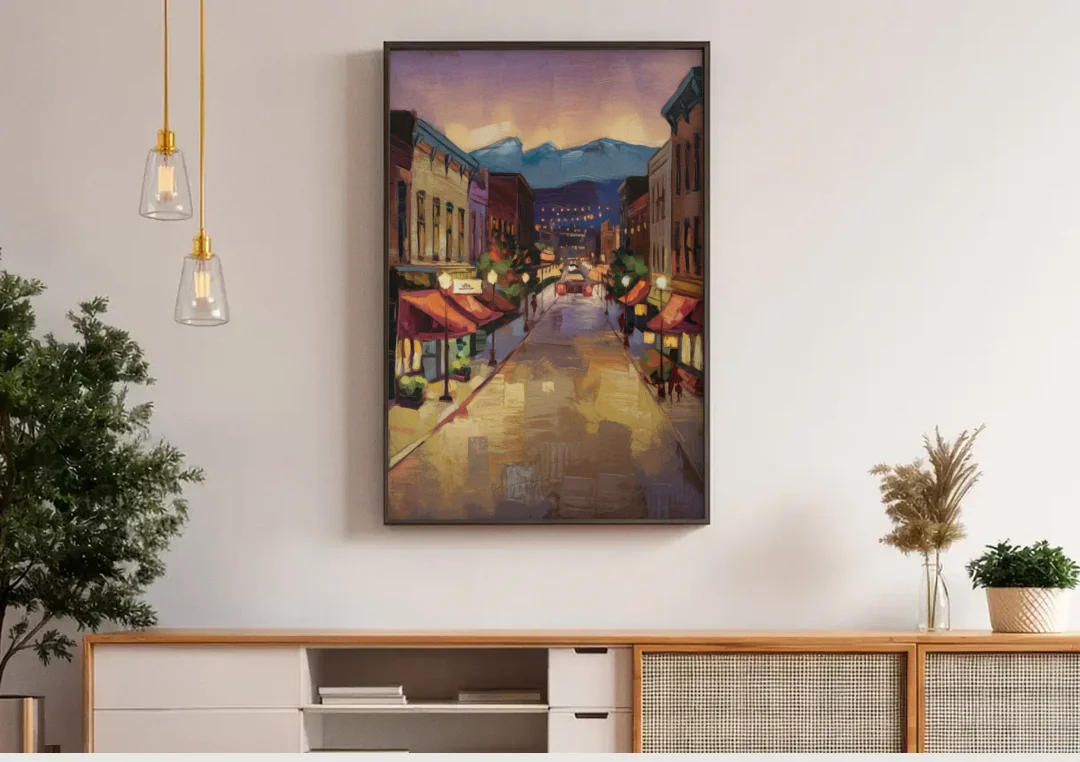 Park City Historic Main Street canvas wall art above a wooden sideboard under pendant lights