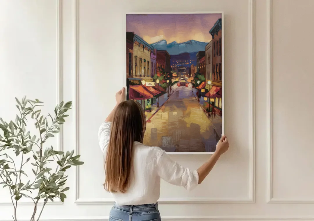 Park City Historic Main Street canvas wall art being hung on a paneled wall