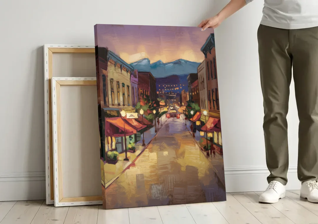 Park City Historic Main Street canvas wall art leaning against a wall next to blank canvases