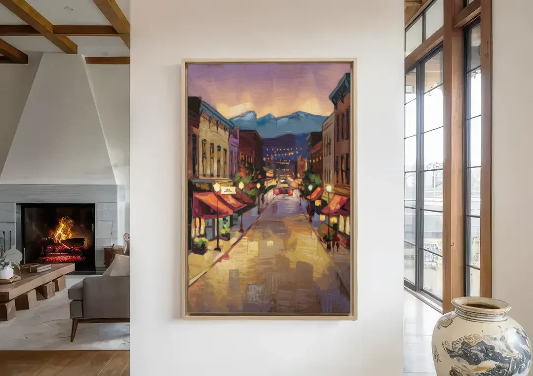 Park City Historic Main Street canvas wall art in a living room with a fireplace
