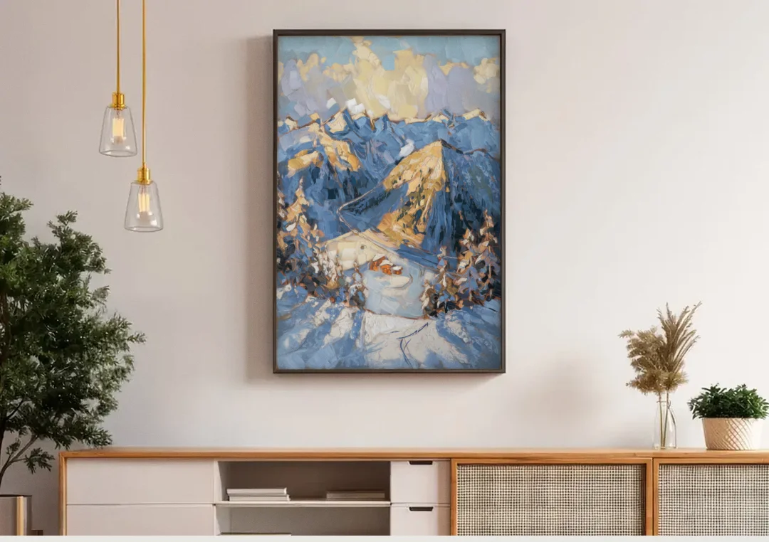 Park City Mountain Views canvas wall art above a wooden sideboard under pendant lights