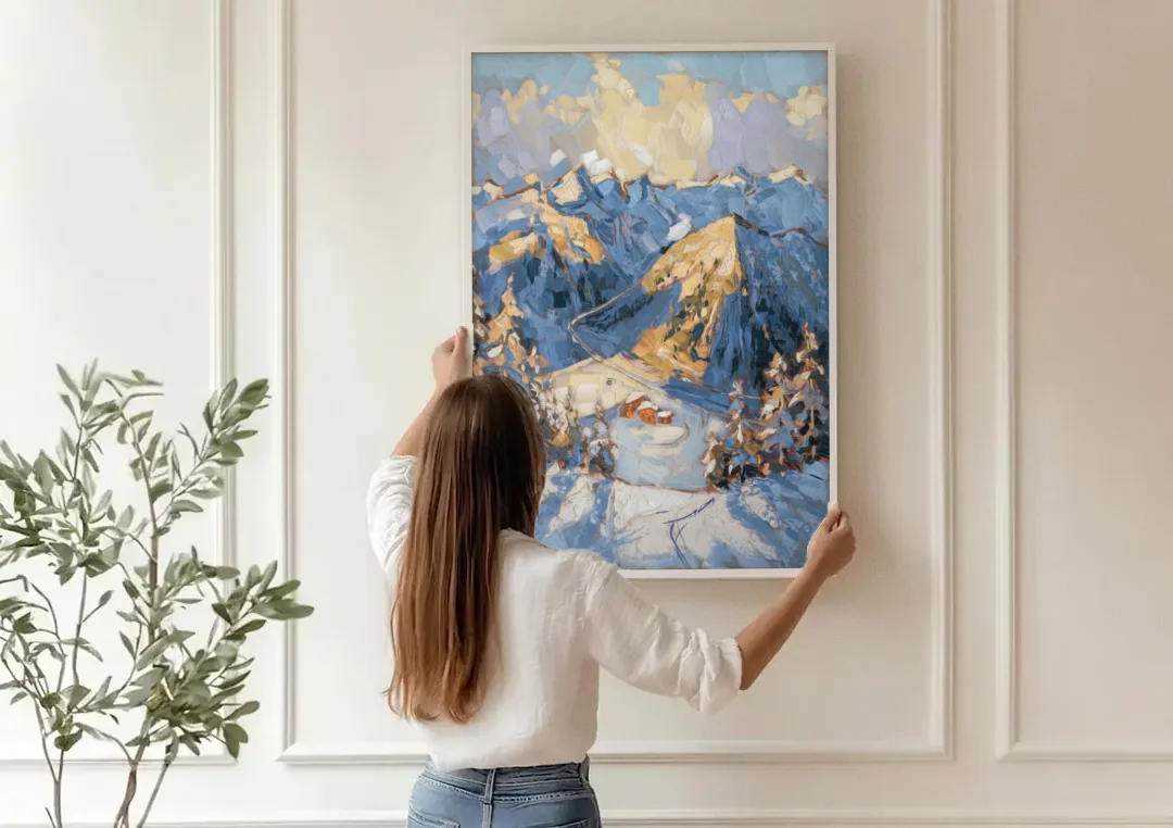 Park City Mountain Views canvas wall art being hung on a paneled wall