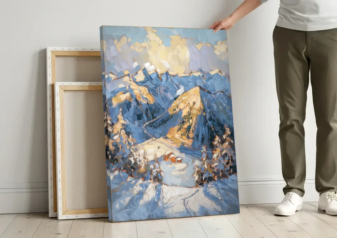 Park City Mountain Views canvas wall art leaning against a wall next to blank canvases