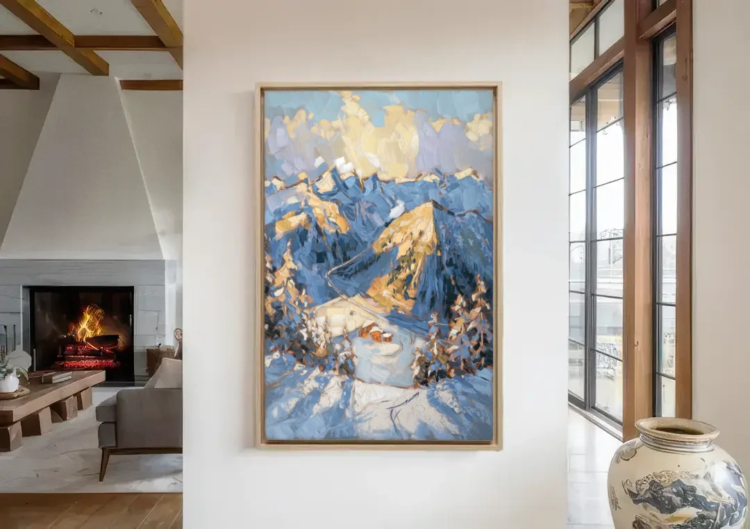 Park City Mountain Views canvas wall art in a living room with a fireplace