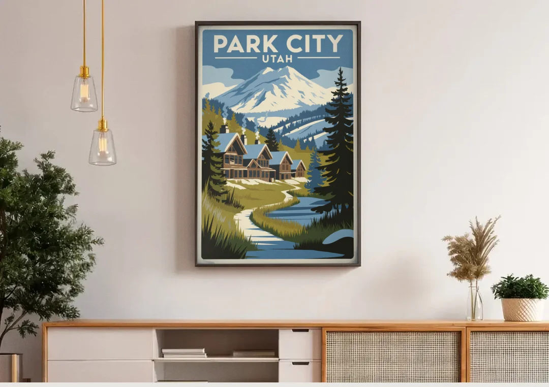 Park City Outdoor Adventure canvas wall art above a wooden sideboard under pendant lights