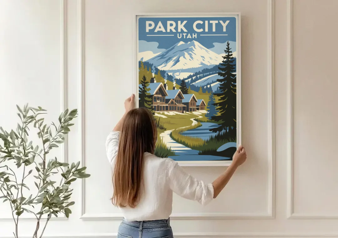Park City Outdoor Adventure canvas wall art being hung on a paneled wall