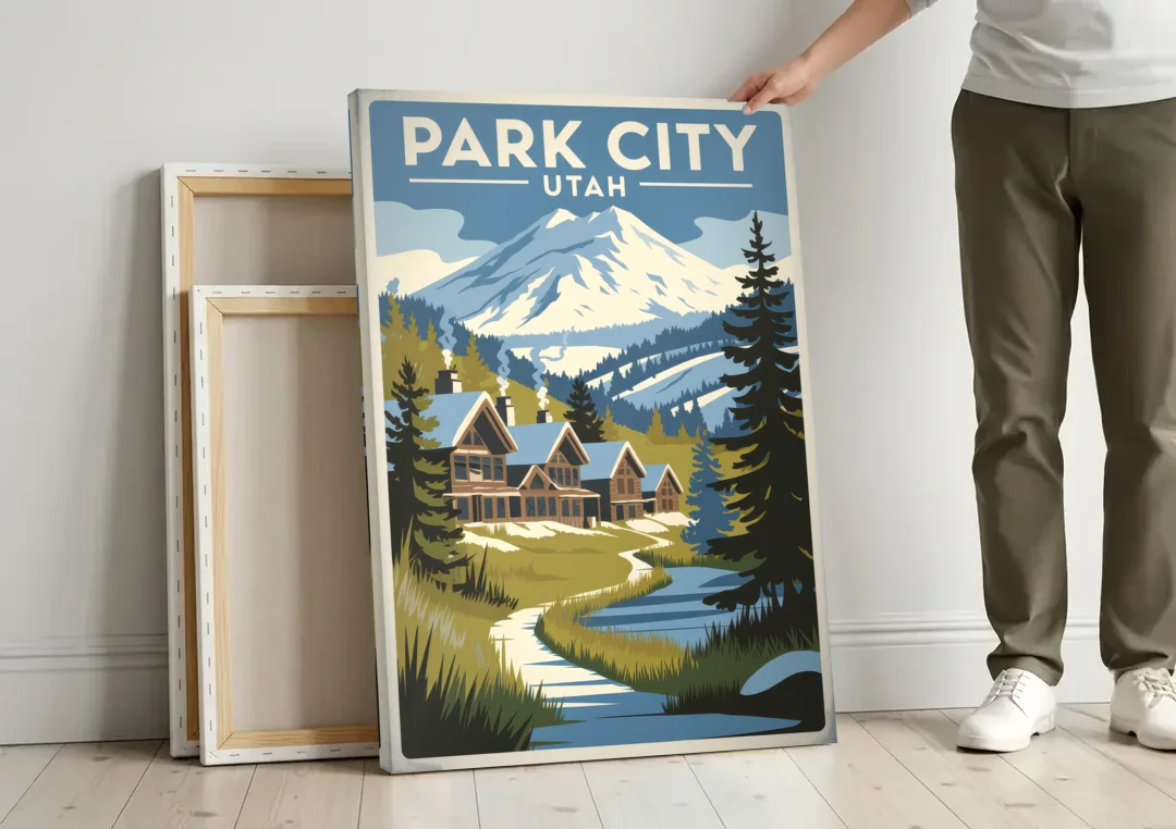 Park City Outdoor Adventure canvas wall art leaning against a wall next to blank canvases