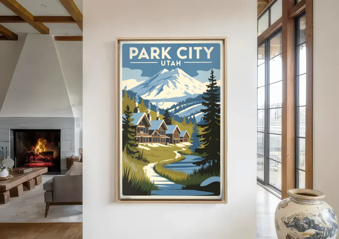Park City Outdoor Adventure canvas wall art in a living room with a fireplace