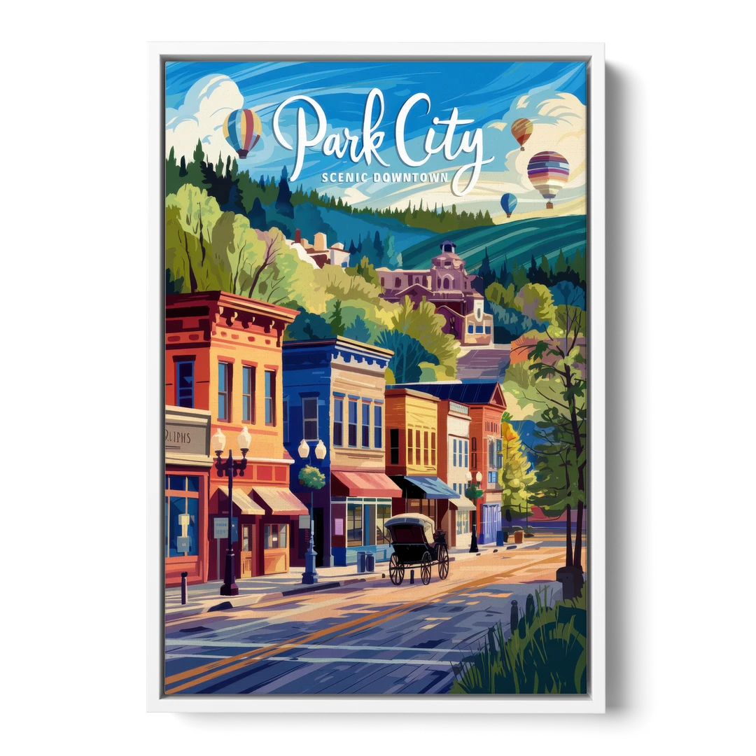 Park City Scenic Downtown - White Framed Canvas Wall Art - Front