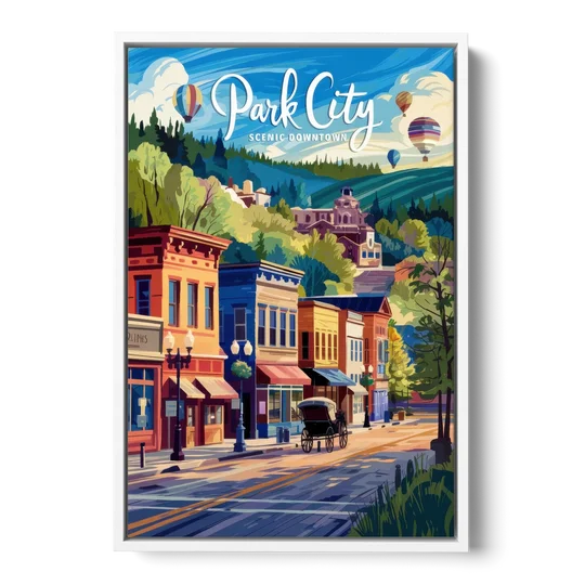 Park City Scenic Downtown - White Framed Canvas Wall Art - Front