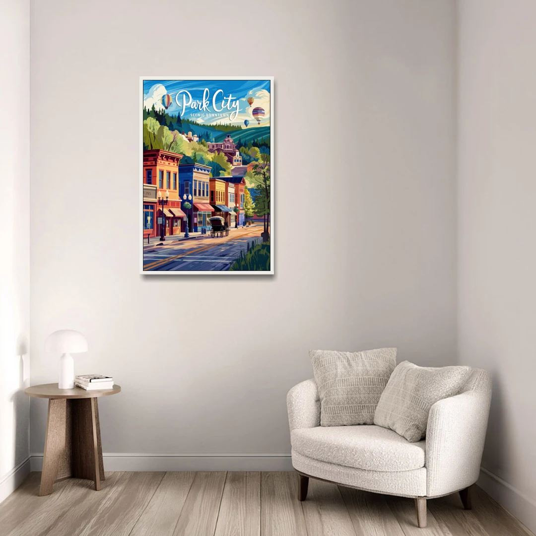 Park City Scenic Downtown - White Framed Canvas Wall Art - Sofa - 24x36