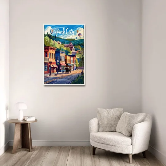 Park City Scenic Downtown - White Framed Canvas Wall Art - Sofa - 24x36