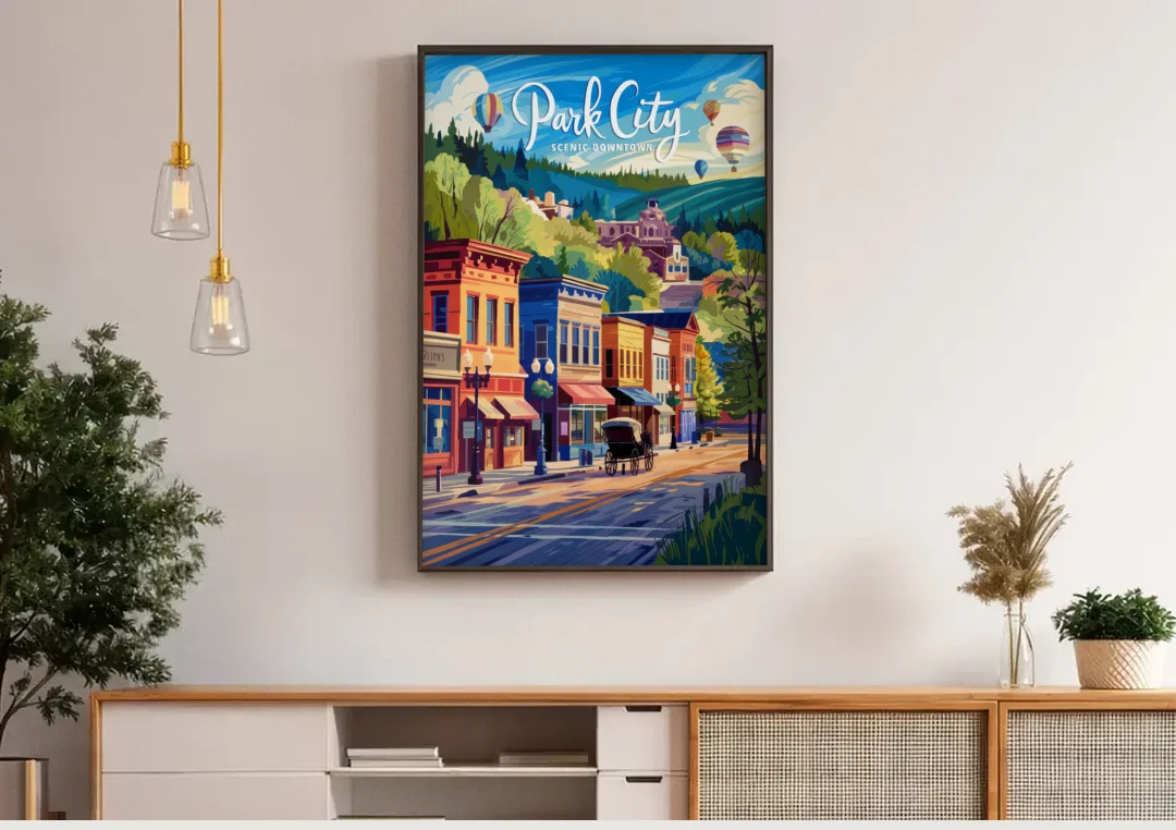 Park City Scenic Downtown canvas wall art above a wooden sideboard under pendant lights
