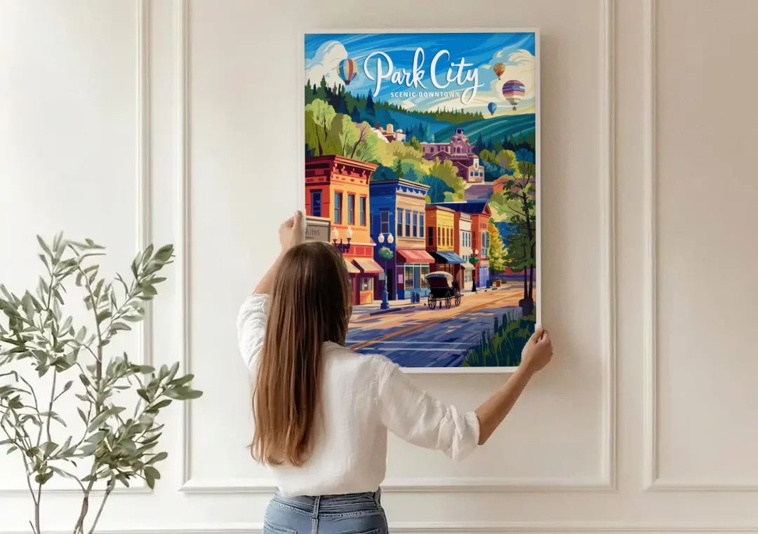 Park City Scenic Downtown canvas wall art being hung on a paneled wall