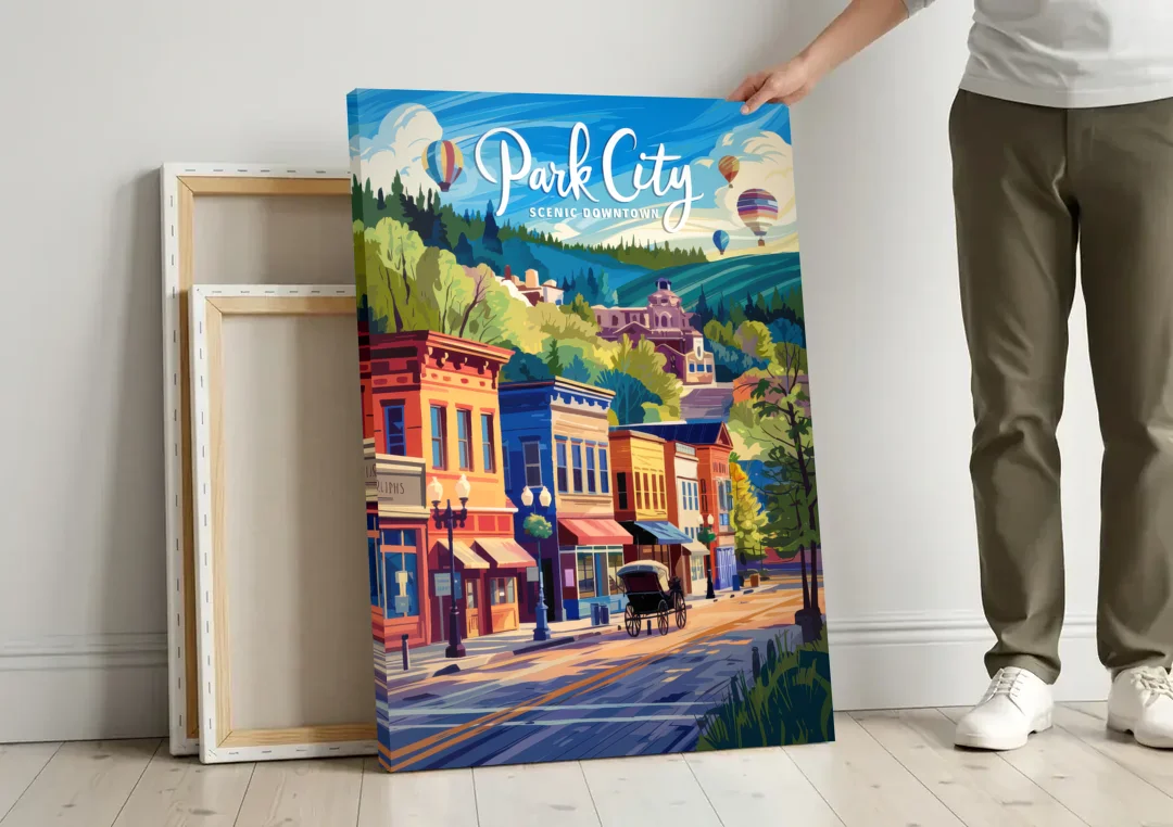 Park City Scenic Downtown canvas wall art leaning against a wall next to blank canvases
