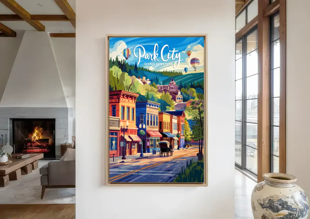Park City Scenic Downtown canvas wall art in a living room with a fireplace