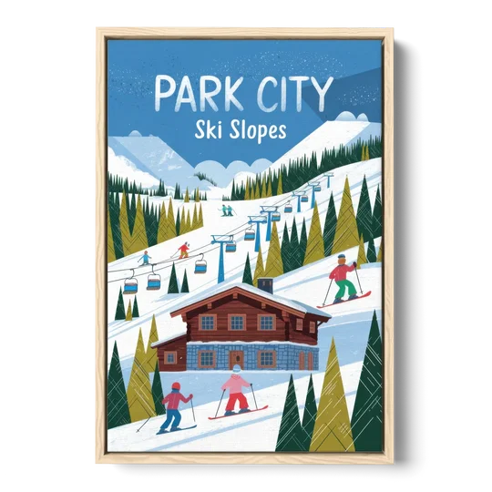 Park City Ski Slopes - Oak Framed Canvas Wall Art - Front
