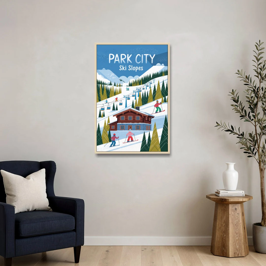 Park City Ski Slopes - Oak Framed Canvas Wall Art - Sofa - 24x36