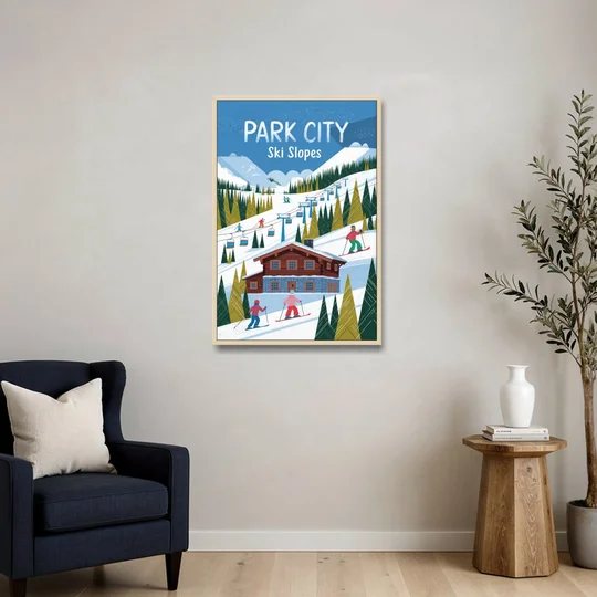 Park City Ski Slopes - Oak Framed Canvas Wall Art - Sofa - 24x36