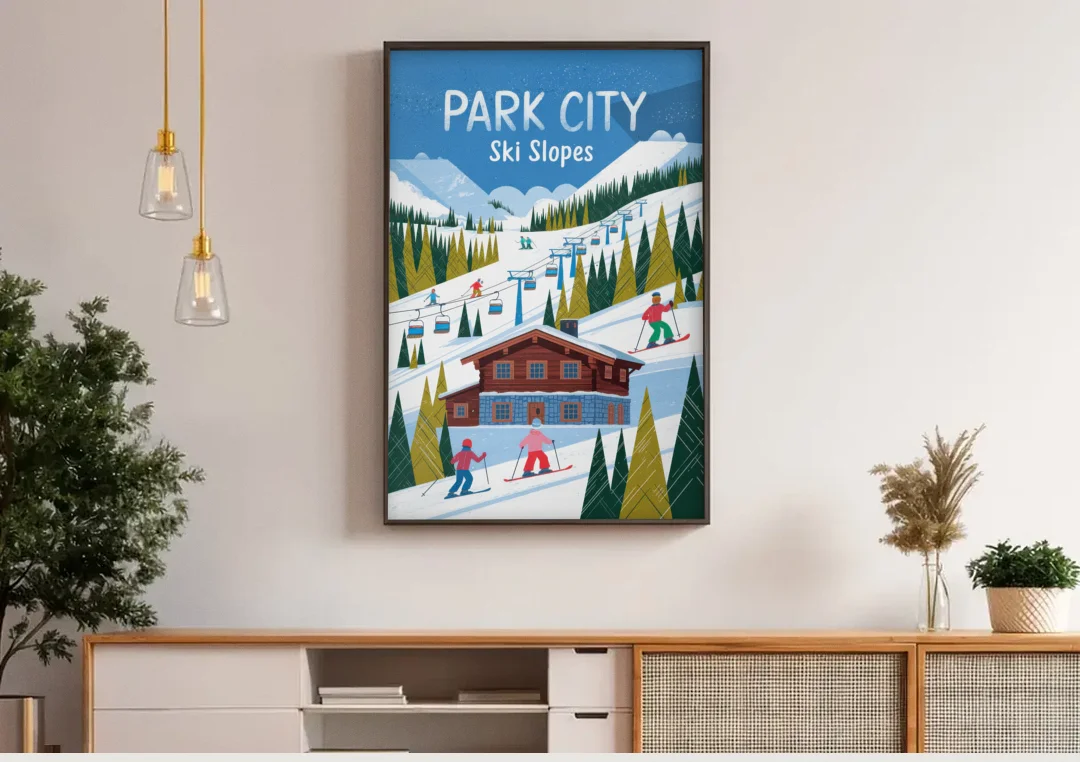 Park City Ski Slopes canvas wall art above a wooden sideboard under pendant lights
