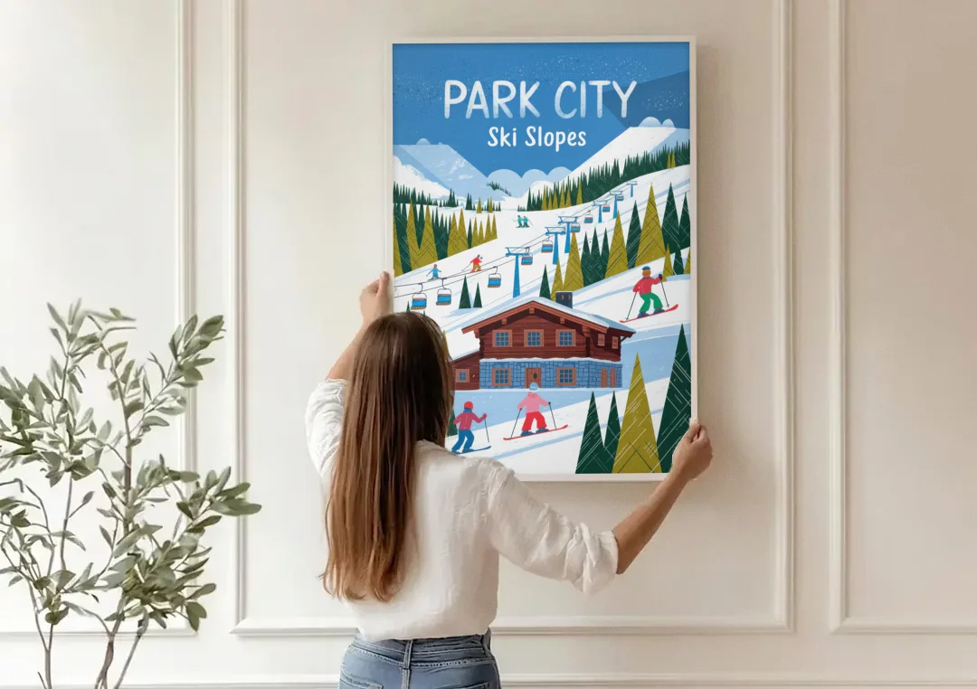 Park City Ski Slopes canvas wall art being hung on a paneled wall