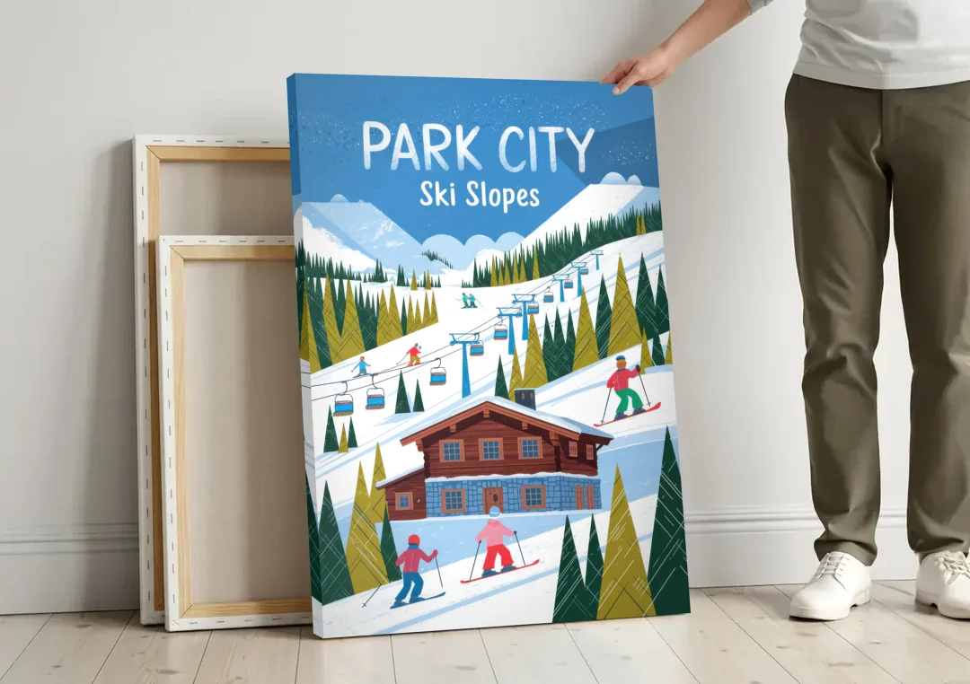Park City Ski Slopes canvas wall art leaning against a wall next to blank canvases