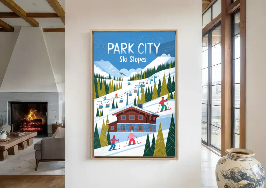 Park City Ski Slopes canvas wall art in a living room with a fireplace