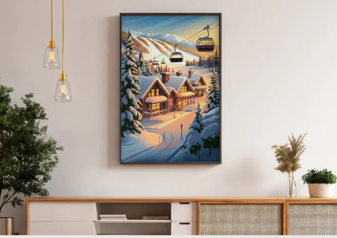 Park City Snowy Landscape canvas wall art above a wooden sideboard under pendant lights