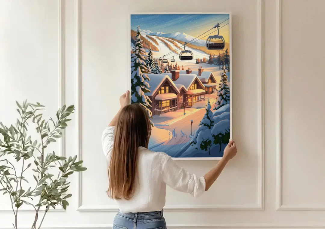 Park City Snowy Landscape canvas wall art being hung on a paneled wall