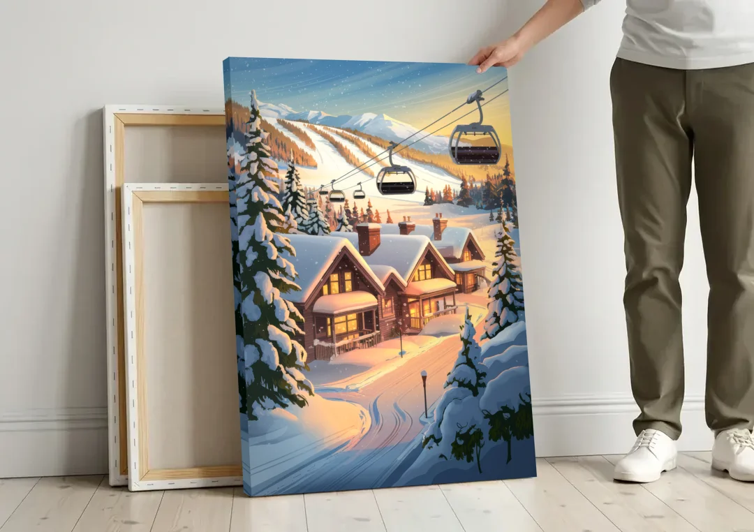 Park City Snowy Landscape canvas wall art leaning against a wall next to blank canvases