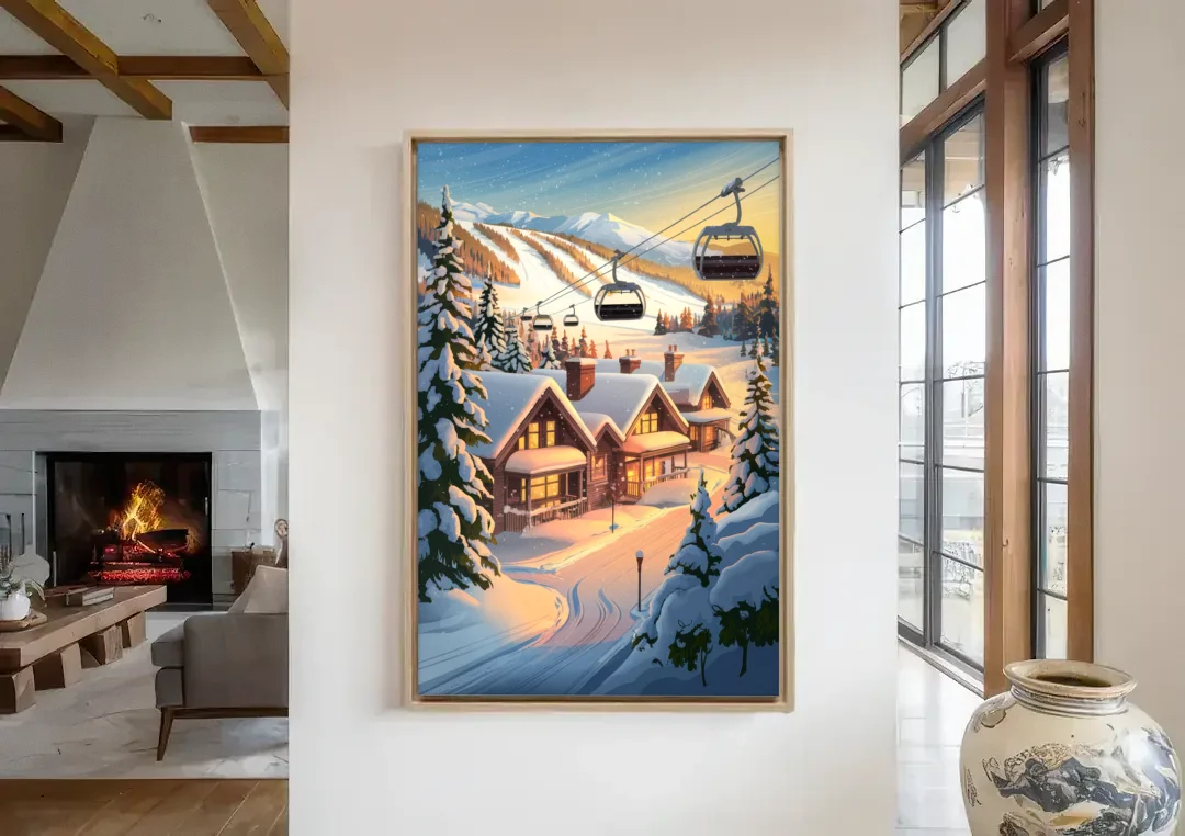Park City Snowy Landscape canvas wall art in a living room with a fireplace