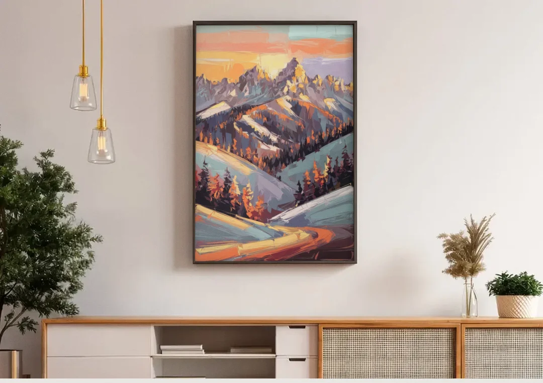 Park City Sunrise Panorama canvas wall art above a wooden sideboard under pendant lights