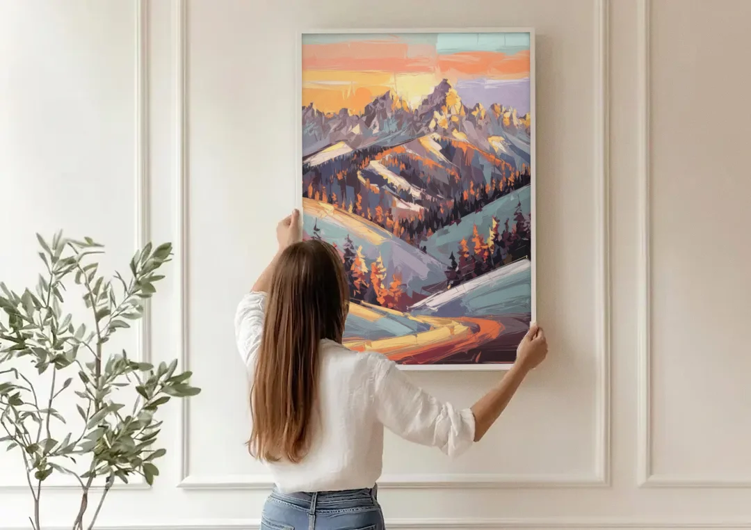 Park City Sunrise Panorama canvas wall art being hung on a paneled wall
