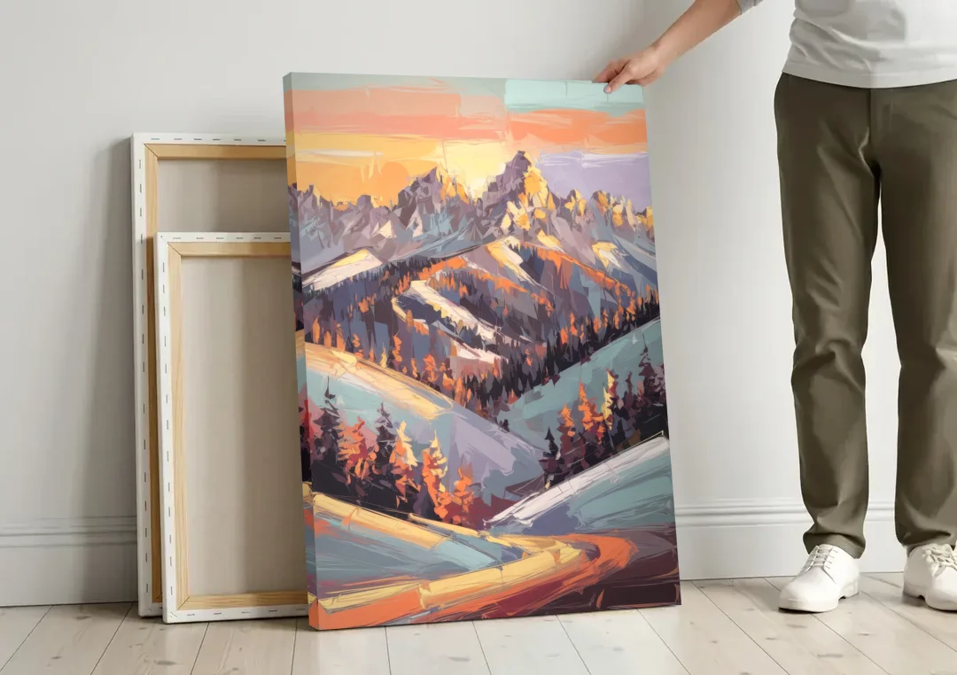 Park City Sunrise Panorama canvas wall art leaning against a wall next to blank canvases