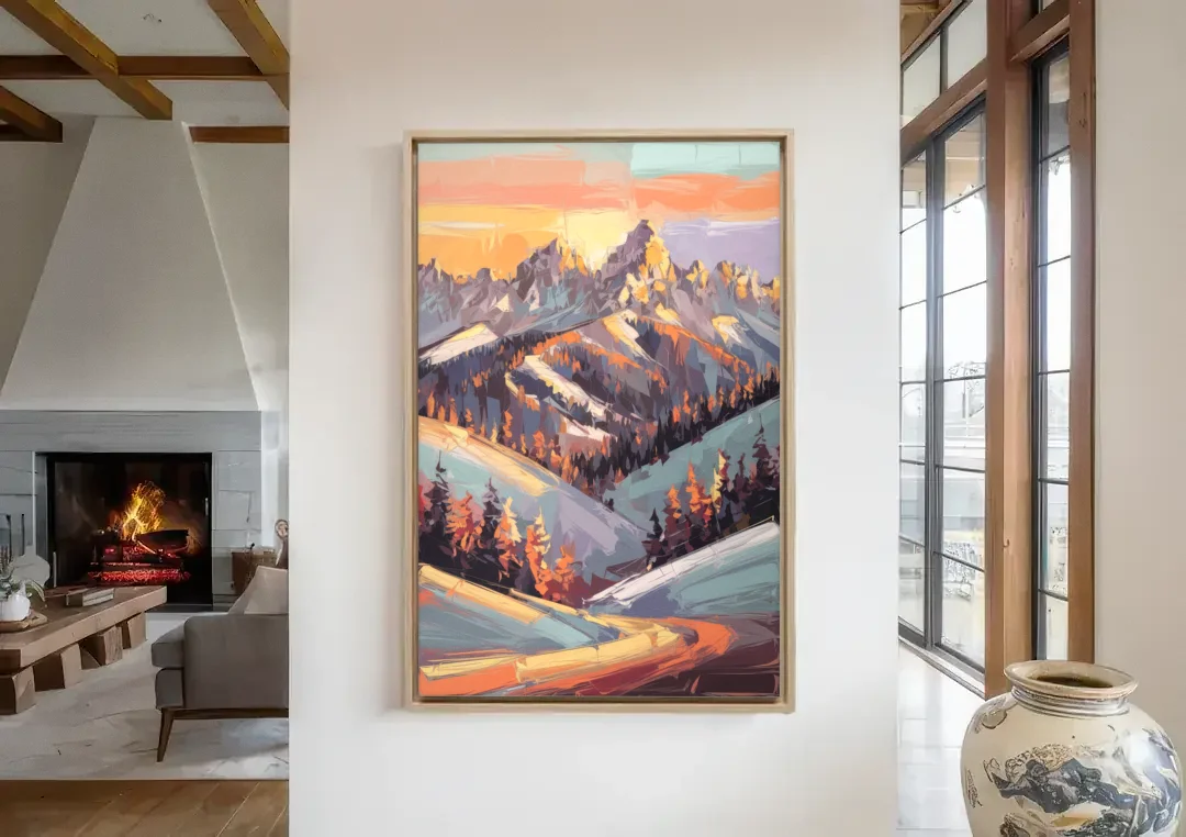 Park City Sunrise Panorama canvas wall art in a living room with a fireplace