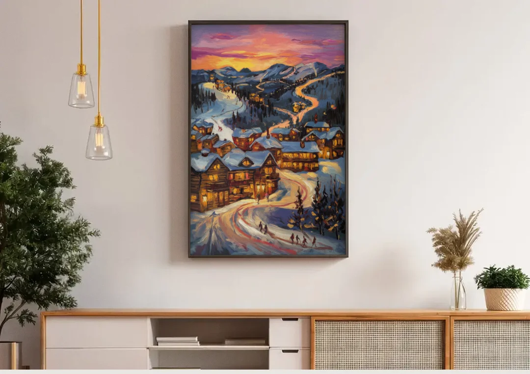 Park City Sunset Glow canvas wall art above a wooden sideboard under pendant lights