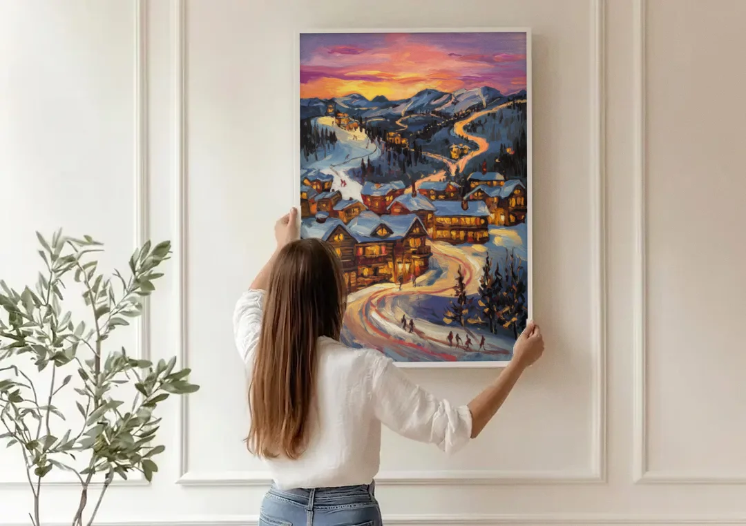 Park City Sunset Glow canvas wall art being hung on a paneled wall