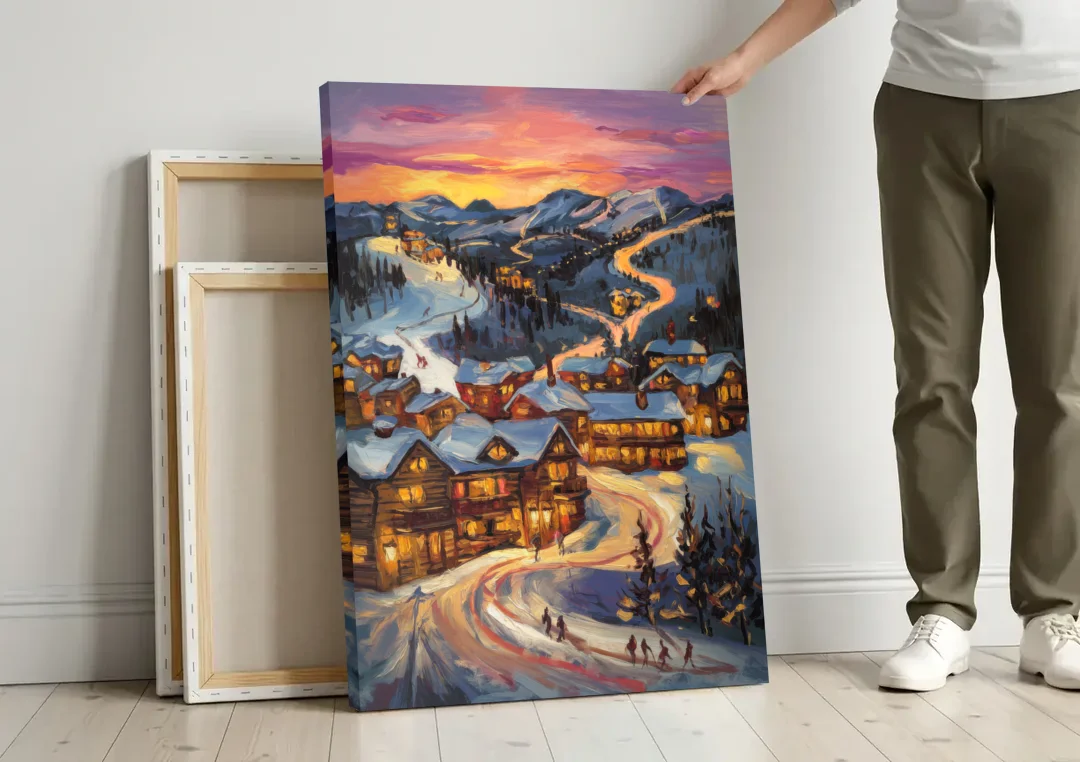 Park City Sunset Glow canvas wall art leaning against a wall next to blank canvases