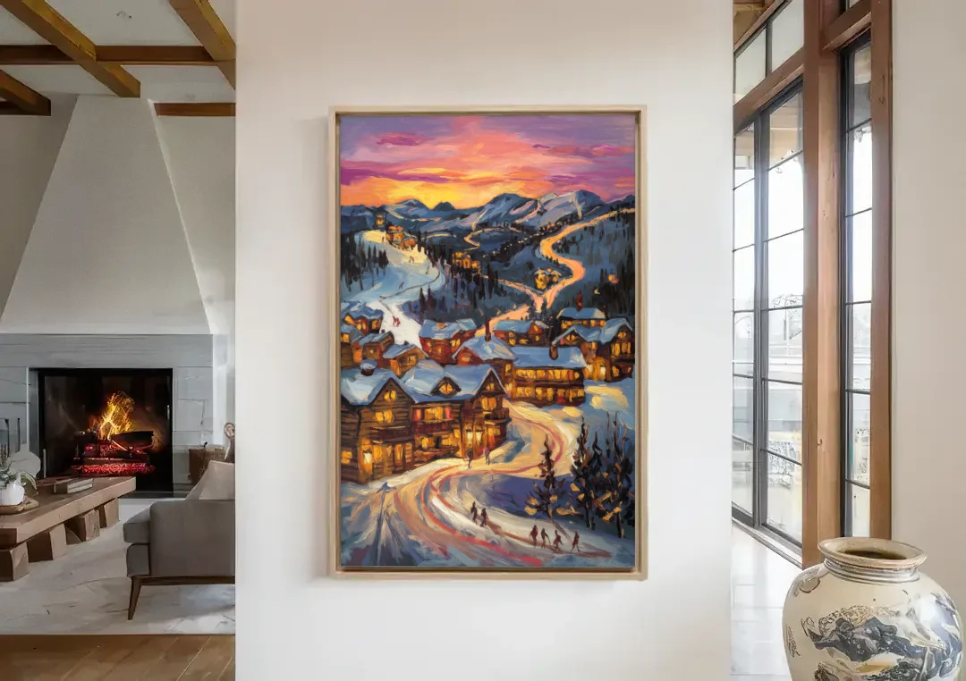 Park City Sunset Glow canvas wall art in a living room with a fireplace