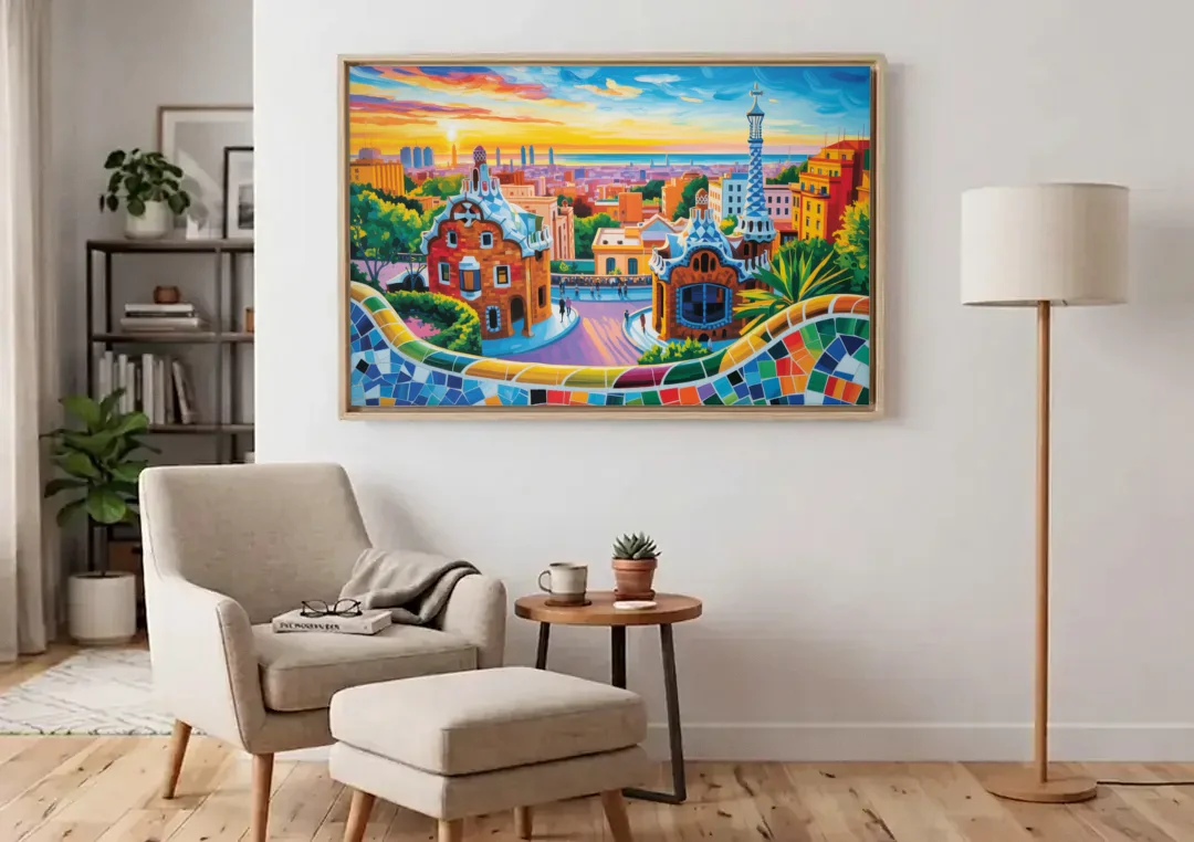 Park Guell Dreams canvas wall art above an armchair in a bright living room