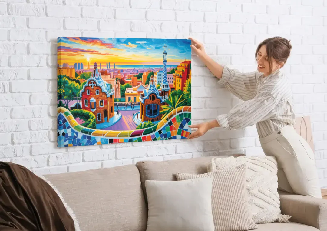 Park Guell Dreams canvas wall art being hung on a white brick wall above a sofa