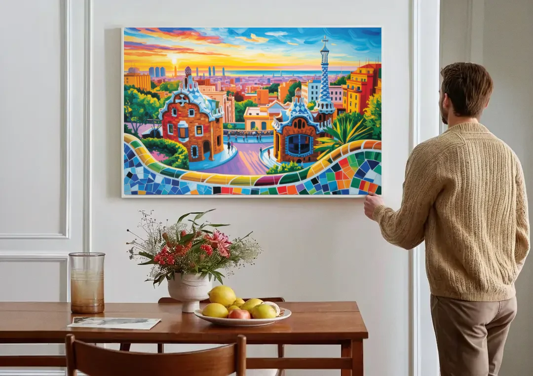 Park Guell Dreams canvas wall art above a dining table