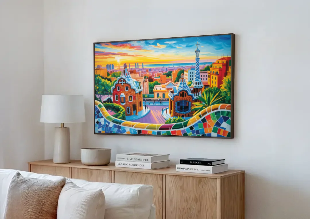 Park Guell Dreams canvas wall art above a wooden sideboard next to a sofa