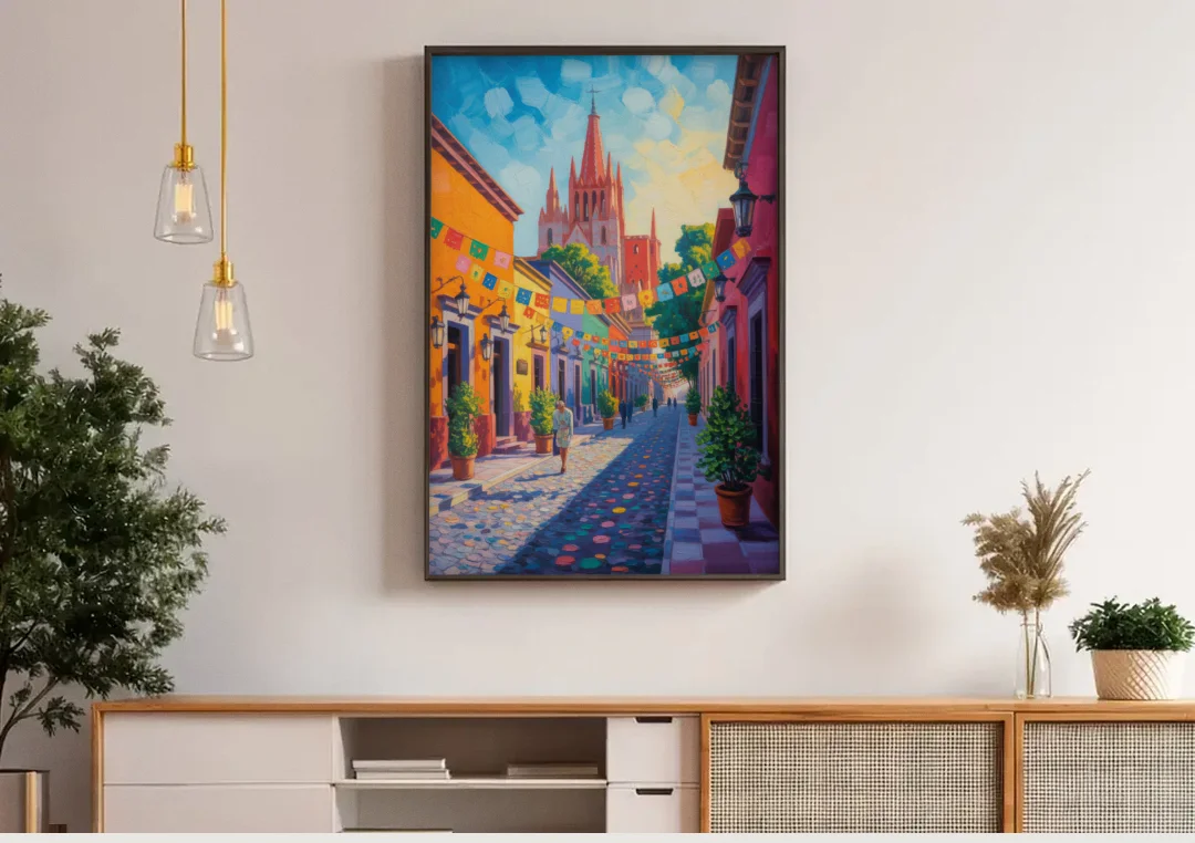 Parroquia de San Miguel canvas wall art above a wooden sideboard under pendant lights