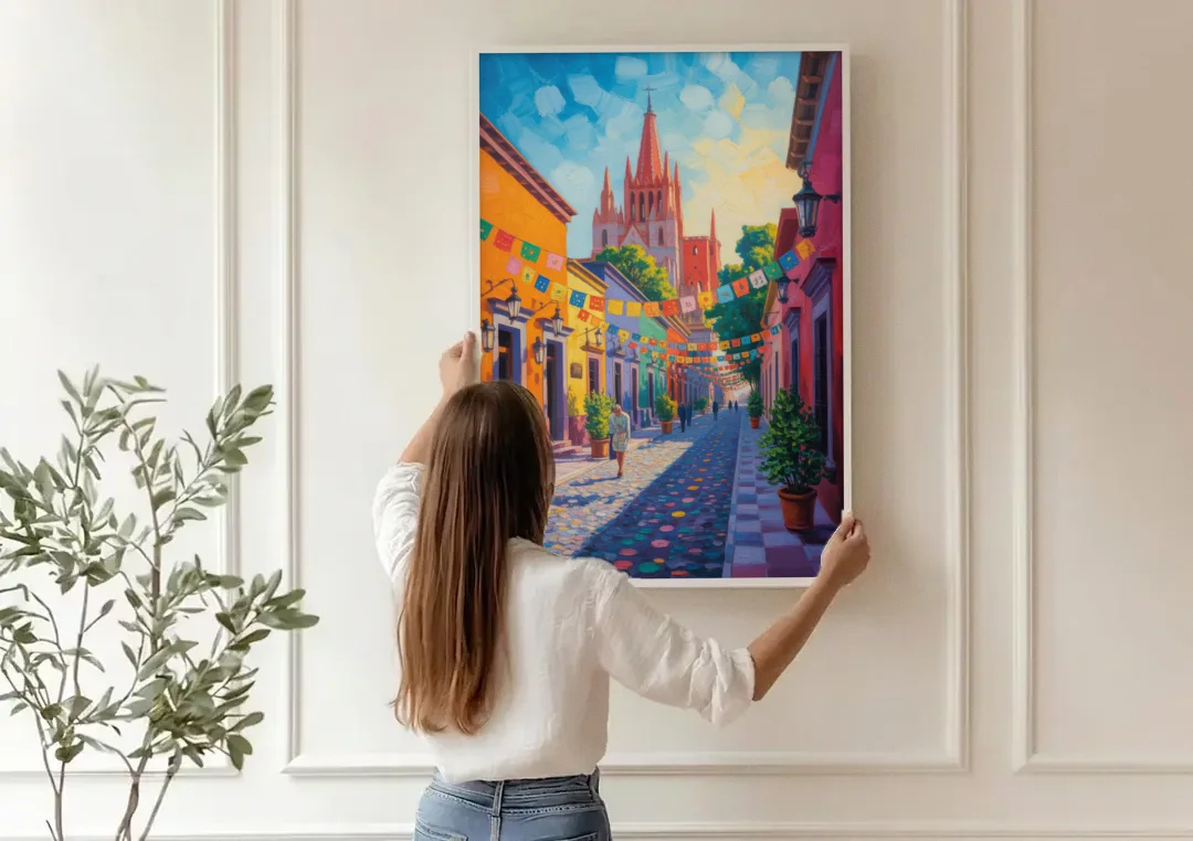 Parroquia de San Miguel canvas wall art being hung on a paneled wall