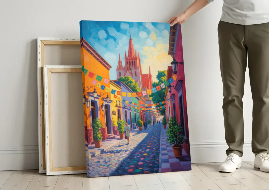 Parroquia de San Miguel canvas wall art leaning against a wall next to blank canvases