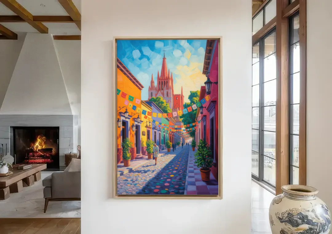 Parroquia de San Miguel canvas wall art in a living room with a fireplace