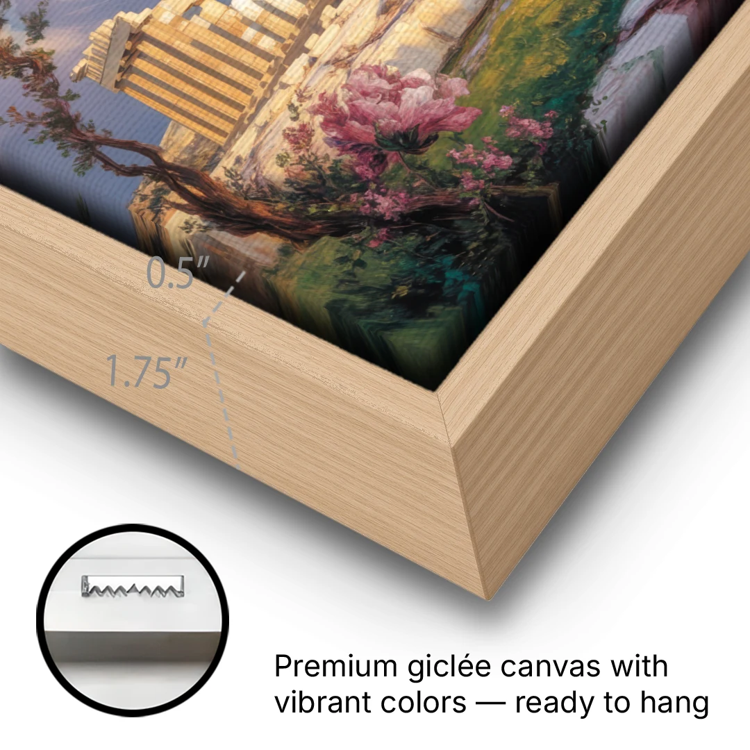 Parthenon Glory - Oak Framed Canvas Wall Art - Gallery Wrap Corner