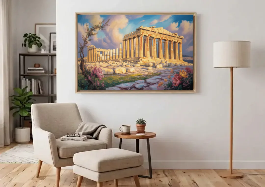 Parthenon Glory canvas wall art above an armchair in a bright living room
