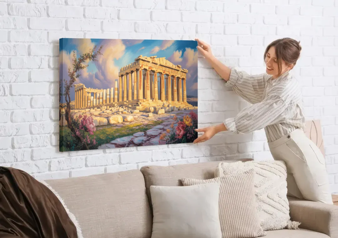 Parthenon Glory canvas wall art being hung on a white brick wall above a sofa